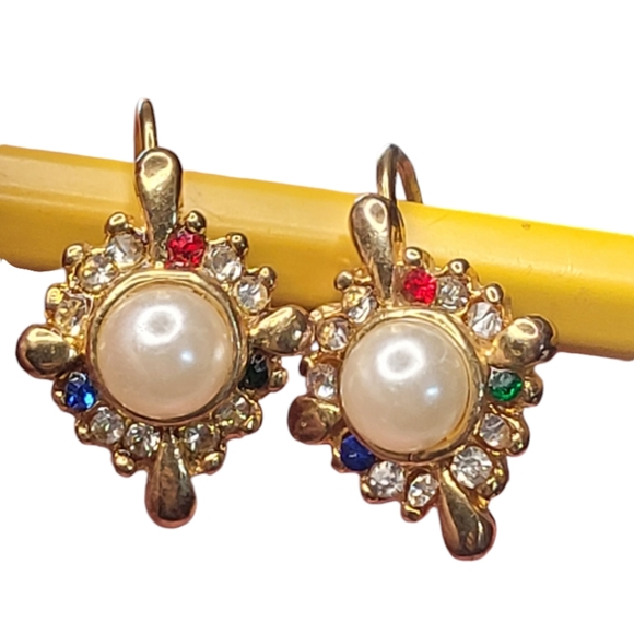 Vintage Faux Pearl & Rhinestone Earrings - Picture 1 of 16